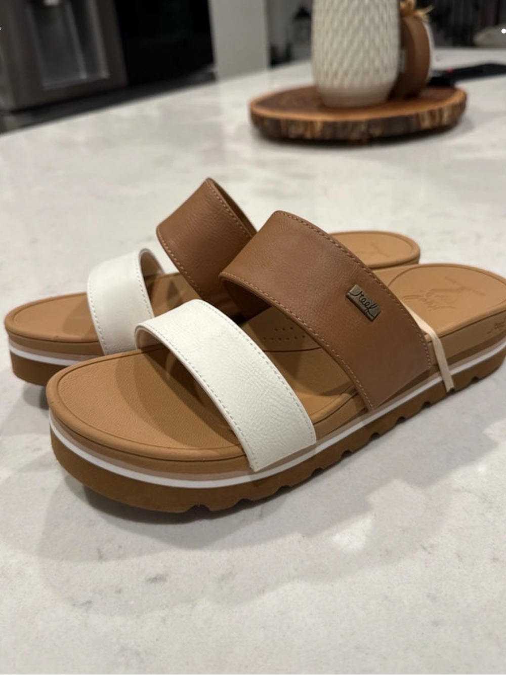 Reef Two-Strip Slide Sandal in Brown and White